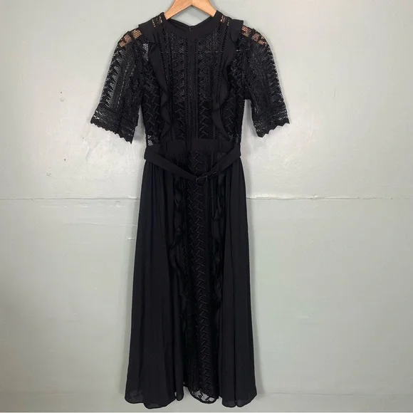Self Portrait Black Geometric Lace Midi Dress Quarter Sleeve US Sz 4 - Picture 2 of 8